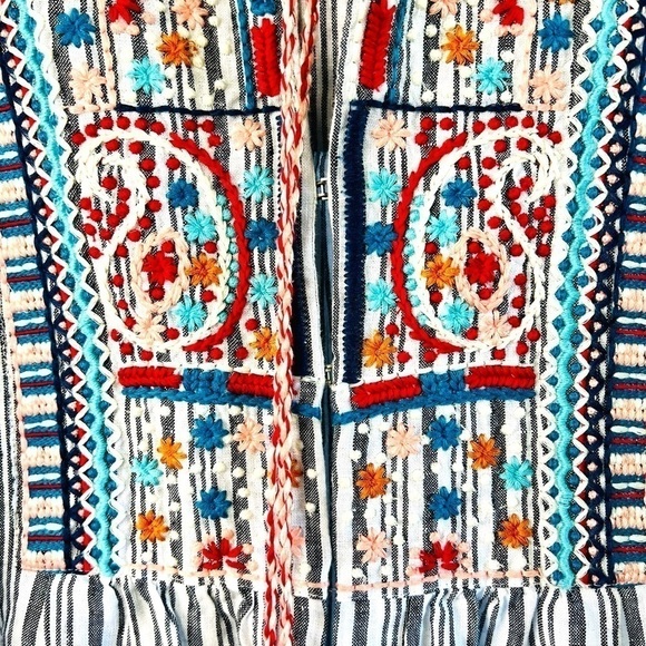J.Jill Love Linen Boho Striped Embroidered Peasant Top with Tassels 3/4 Sleeve M - Picture 6 of 16